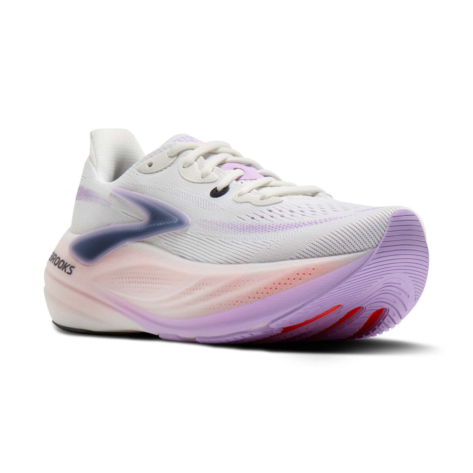Lateral view of the right shoe from a pair of Brooks Women's Glycerin Max 3 Running Shoes in the White/Hyper Iris/Coral colourway.