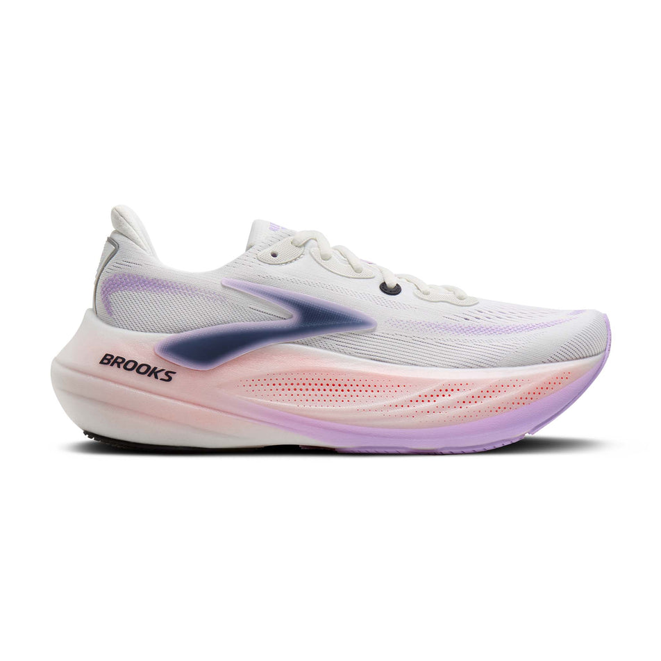 Lateral view of the right shoe from a pair of Brooks Women's Glycerin Max 3 Running Shoes in the White/Hyper Iris/Coral colourway.