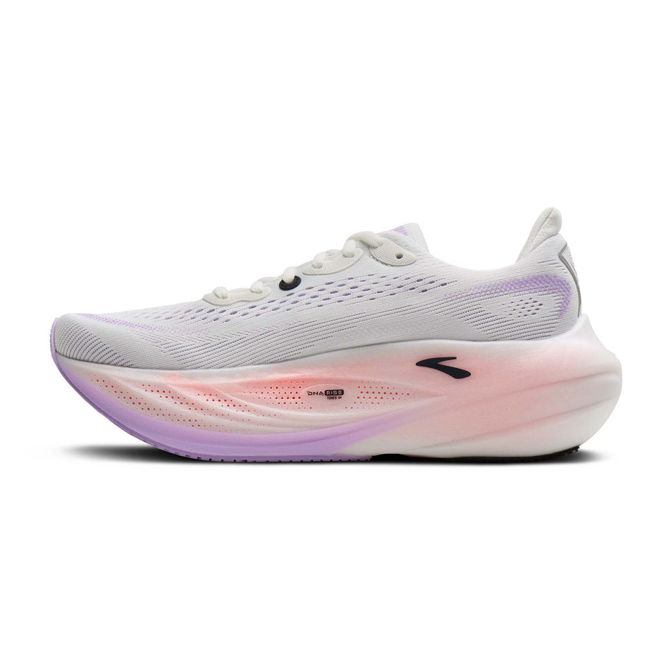 Medial view of the right shoe from a pair of Brooks Women's Glycerin Max 3 Running Shoes in the White/Hyper Iris/Coral colourway.