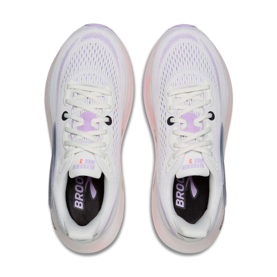 The uppers of a pair of Brooks Women's Glycerin Max 3 Running Shoes in the White/Hyper Iris/Coral colourway.