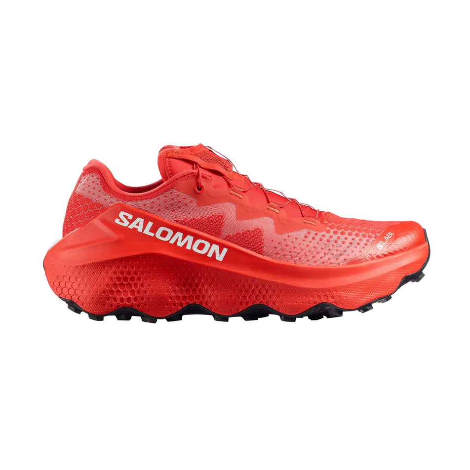 Lateral view of the right shoe from a pair of Salomon Unisex S/Lab Ultra Glide 1.5 Running Shoes in the Fiery Red/Fiery Red colourway.