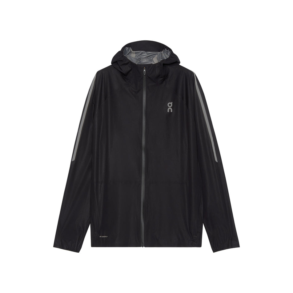 Front view of the On Men's Performance Waterproof Jacket in the Black colourway. (8790101819554)
