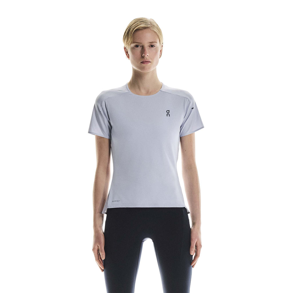 Front view of a model wearing the On Women's Performance-T in the Nimbus/Lilac colourway. (8715633262754)