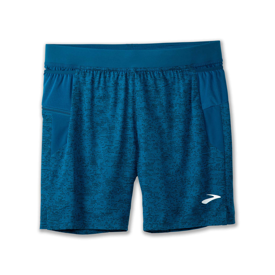Front view of a pair of Brooks Men's Sherpa 7 Inch 2-in-1 Shorts in the Dark Ocean Terrain Print colourway (8007477133474)