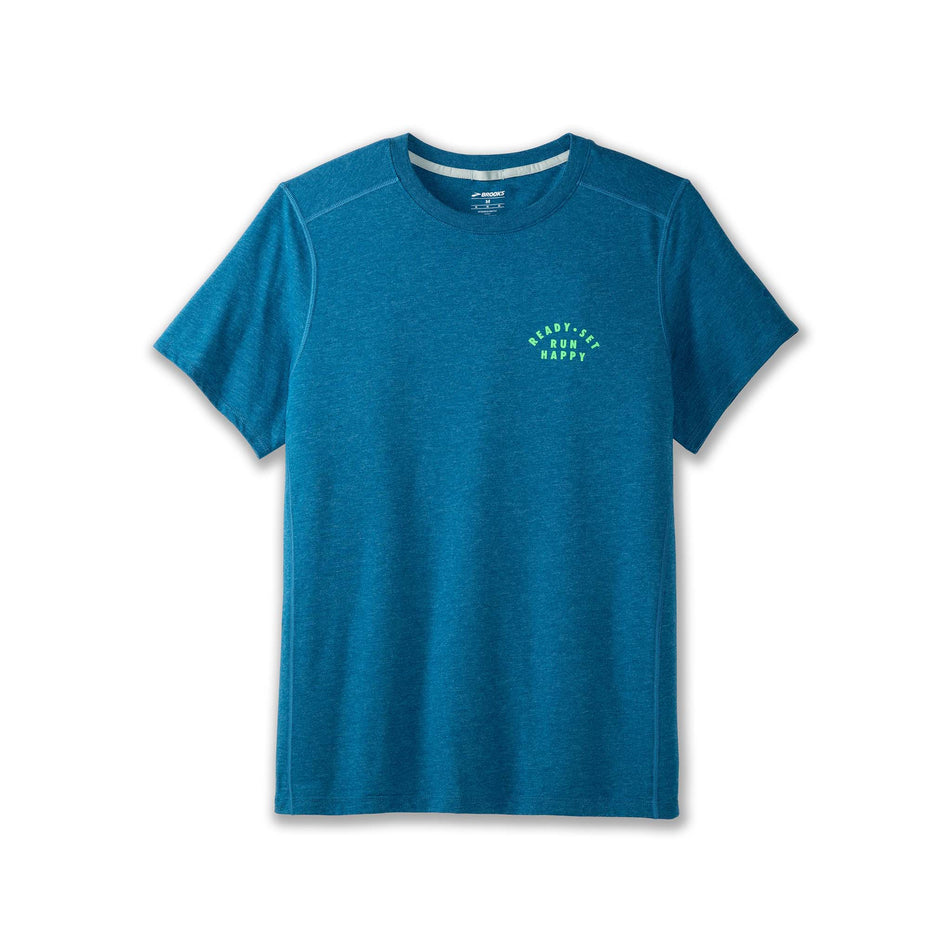 Front view of a Brooks Men's Distance Short Sleeve 2.0 Running T-shirt in the Heather Dark Ocean/Ready Set Run Happy colourway (8007464091810)