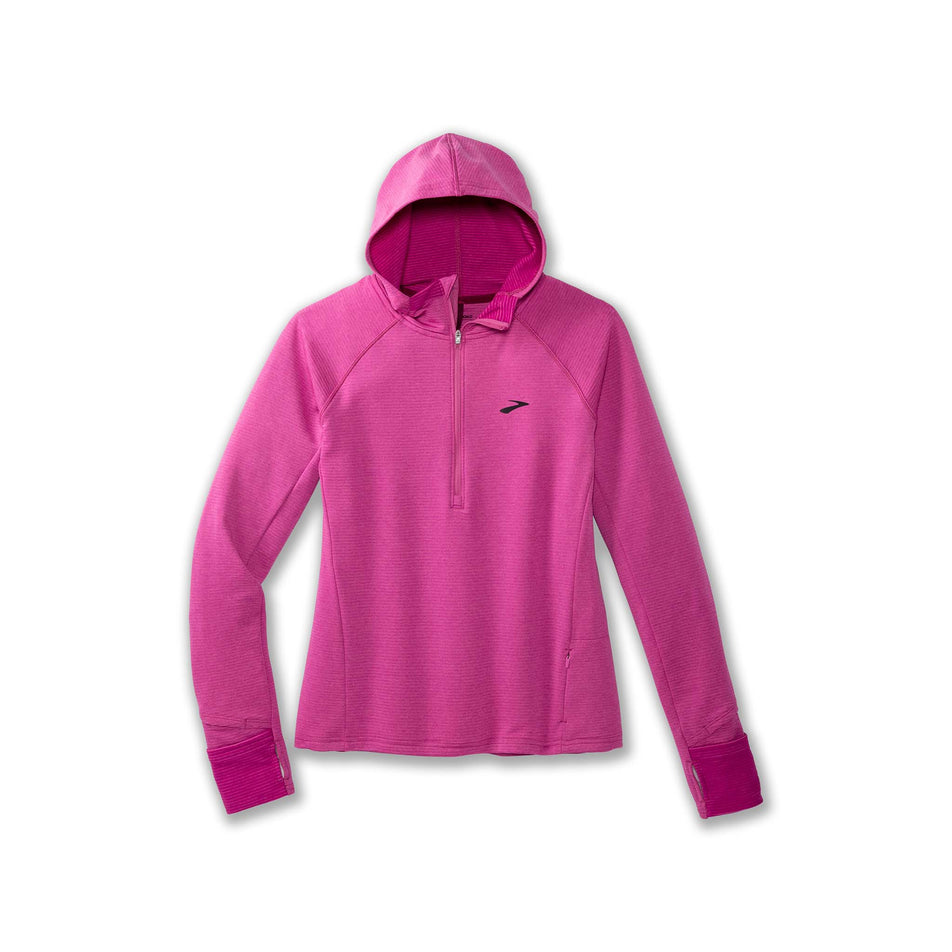 Front view of a Brooks Women's Notch Thermal Hoodie 2.0 in the Heather Frosted Mauve colourway (8007496007842)