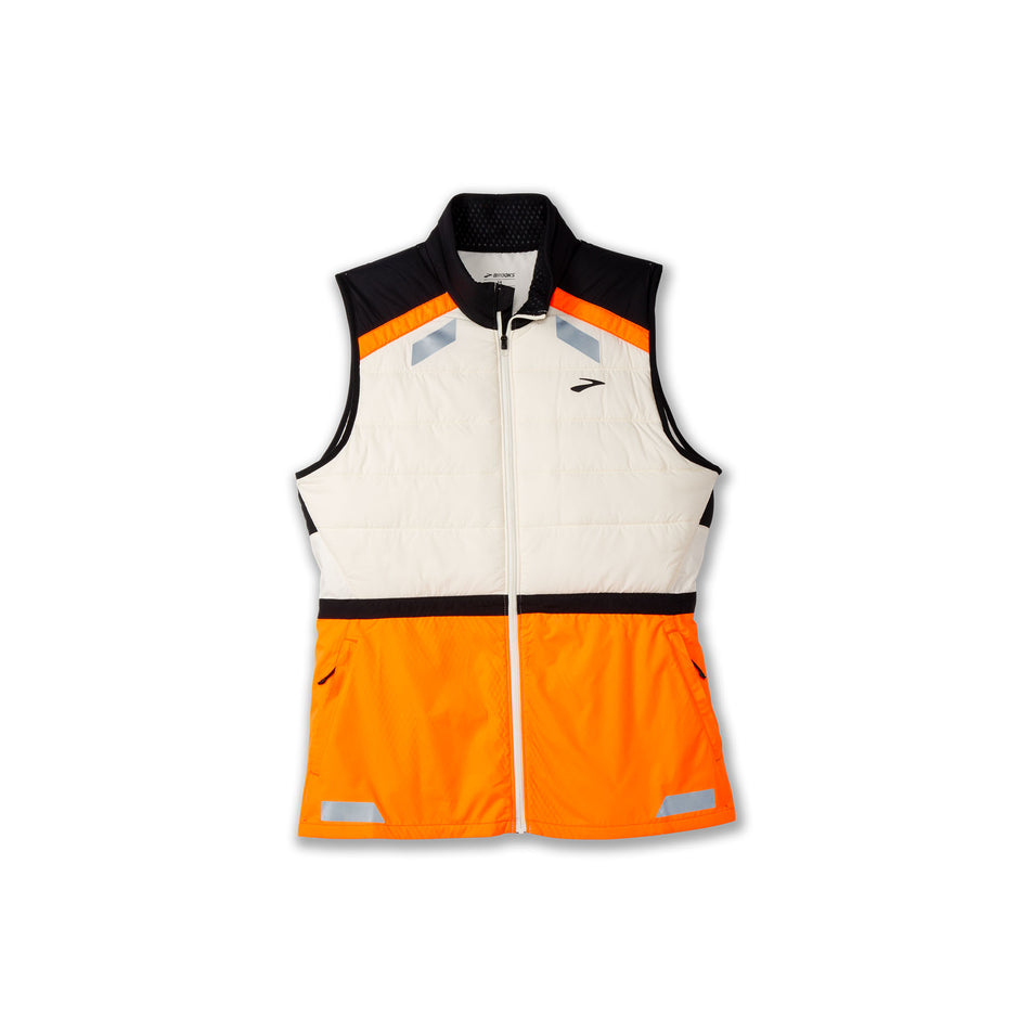 Front view of the Brooks Women's Run Visible Insulated Vest 2.0 in the Ecru/Fluoro Flash/Black colourway. (8778453483682)