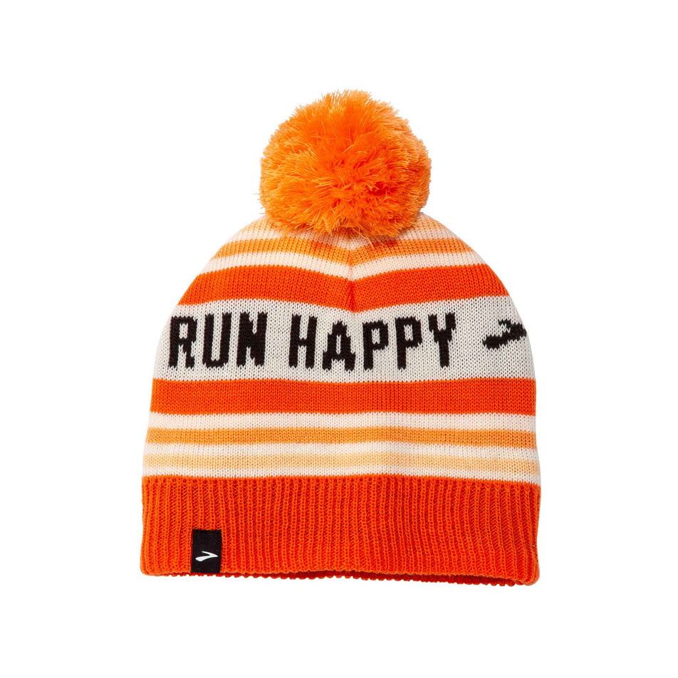 Front view of the Brooks Unisex Heritage Pom Beanie in the Fluoro Flash Run Happy colourway. (8511194333346)