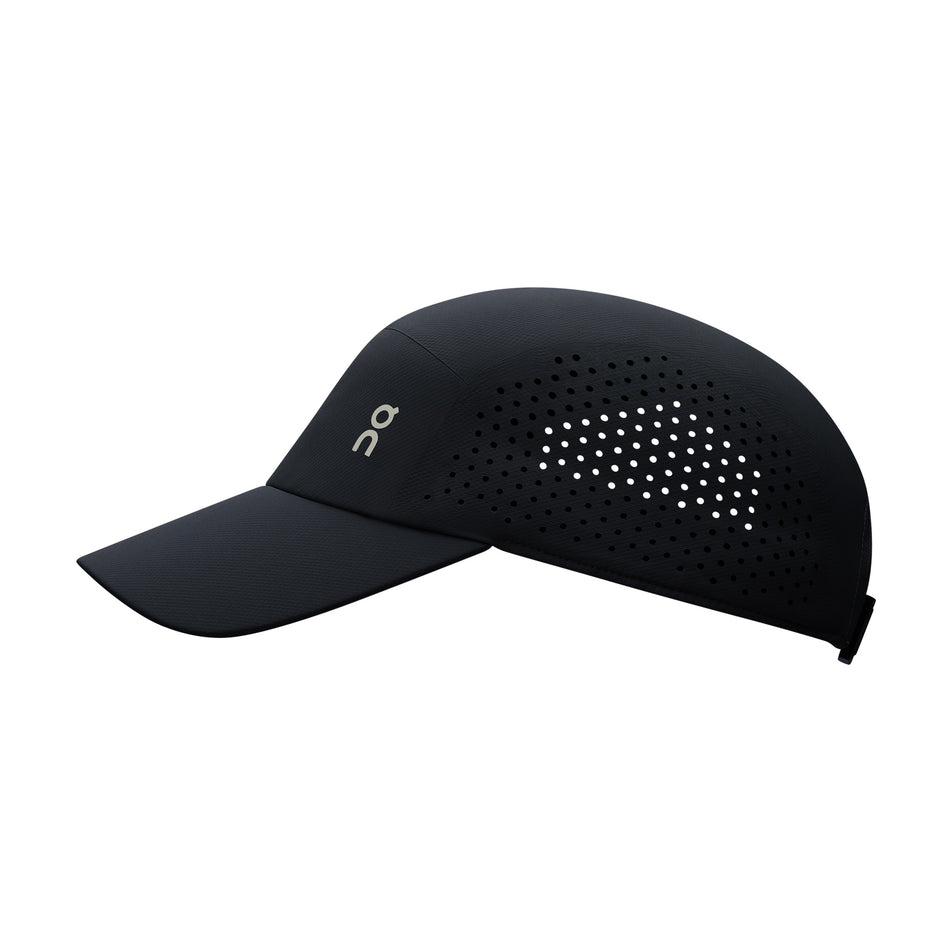 Side view of the On Unisex Lightweight Cap in the Black colourway.