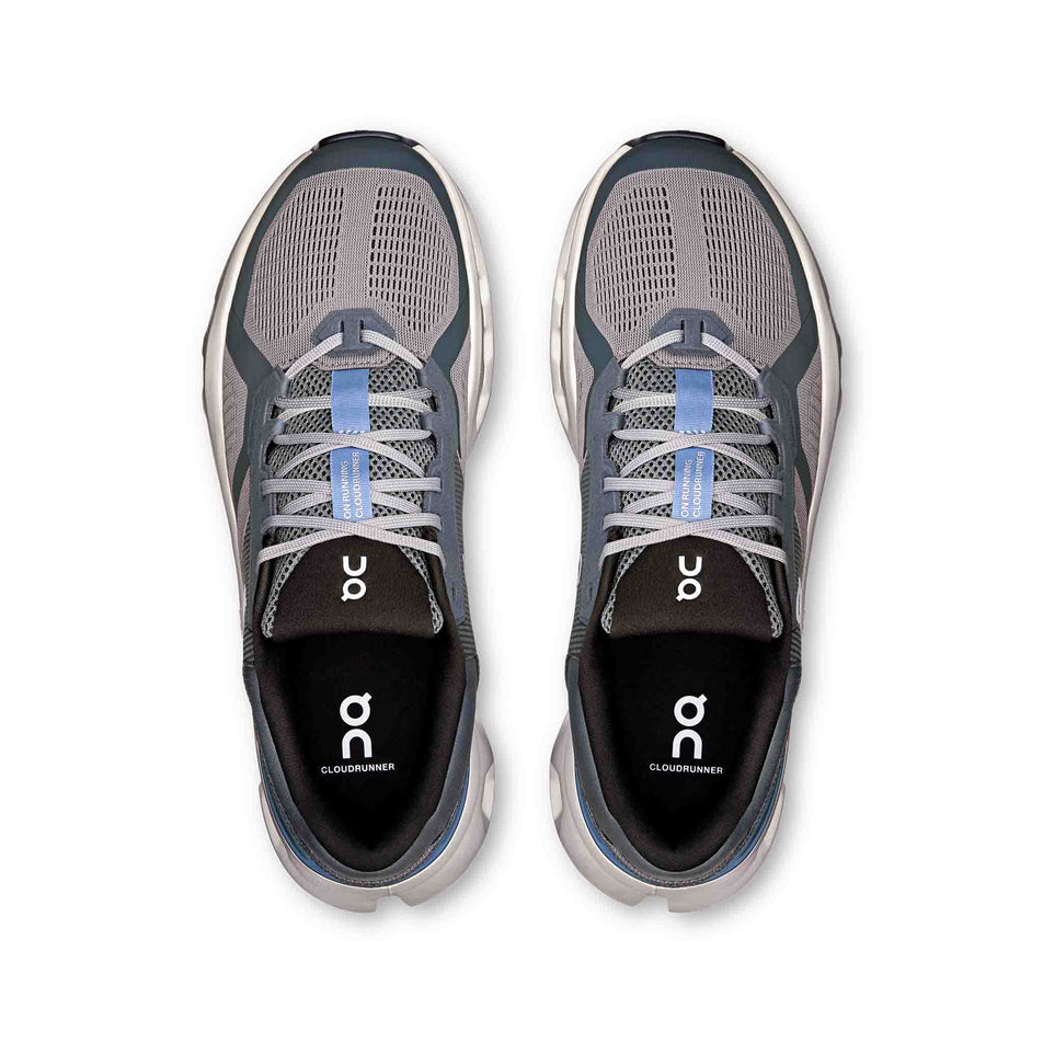 The upper on a pair of On Men's Cloudrunner 2 Running Shoes in the Alloy/Chambray colourway (8562835390626)