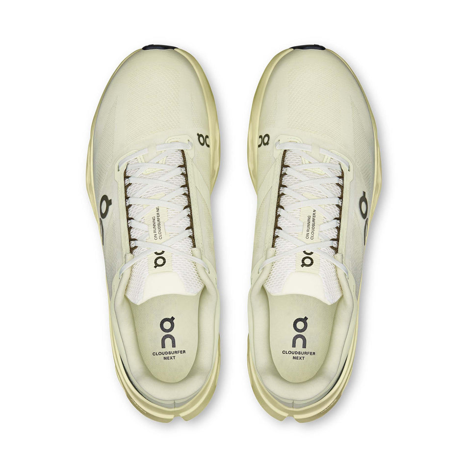 The uppers of a pair of On Men's Cloudsurfer Next Running Shoes in the Seedling/Seedling colourway.