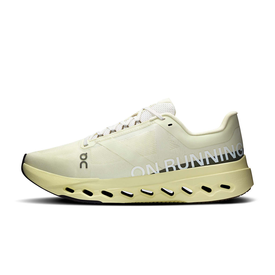 Medial view of the right shoe from a pair of On Men's Cloudsurfer Next Running Shoes in the Seedling/Seedling colourway.