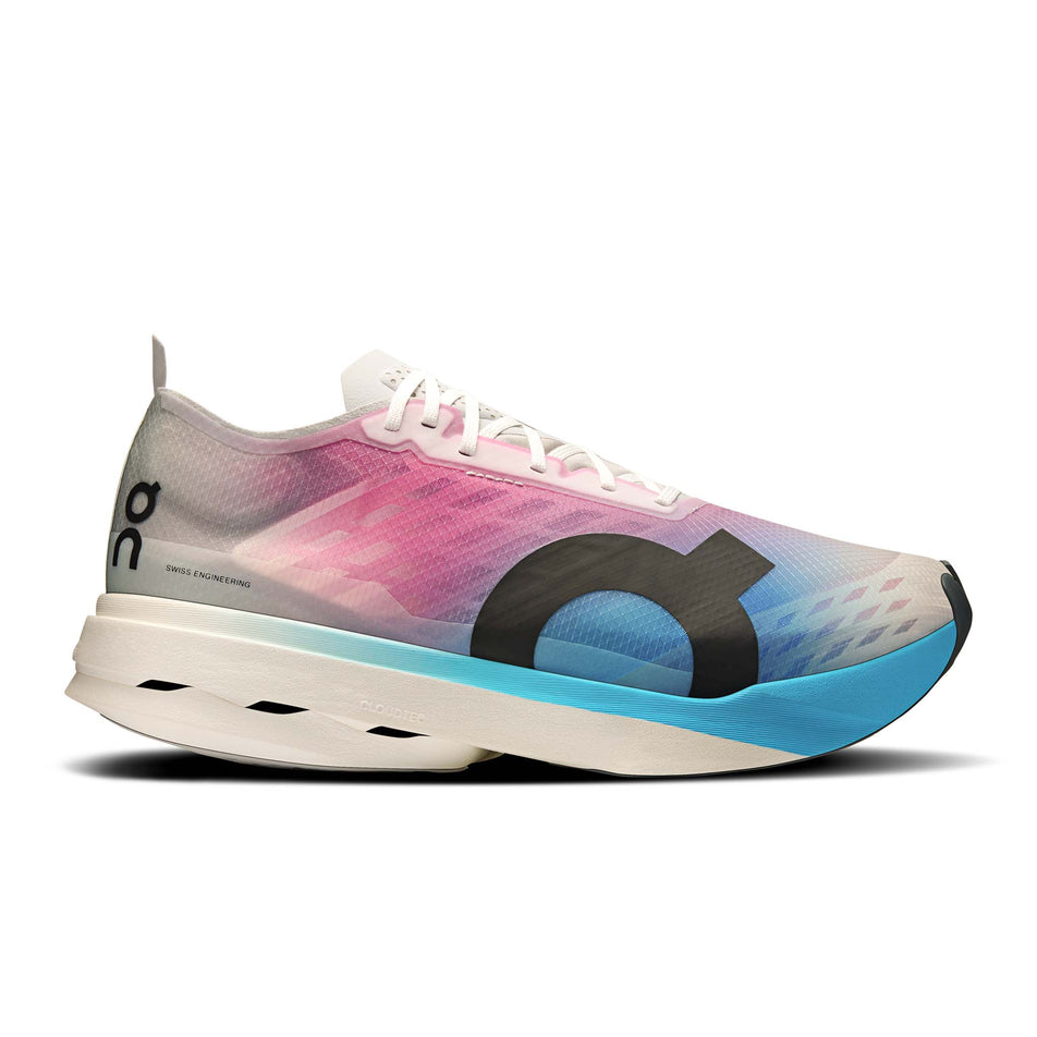 Lateral view of the right shoe from a pair of On Men's Cloudboom Strike Running Shoes in the White/Horizon colourway. (8714451910818)