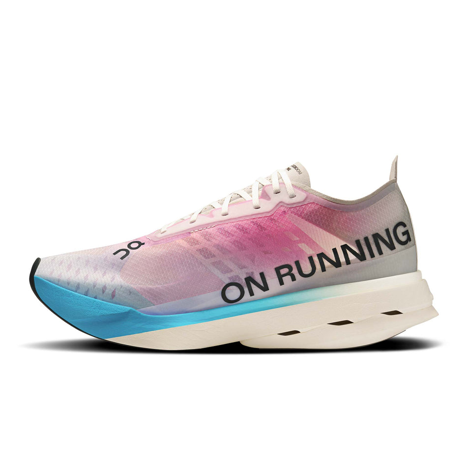 Medial view of the right shoe from a pair of On Men's Cloudboom Strike Running Shoes in the White/Horizon colourway. (8714451910818)