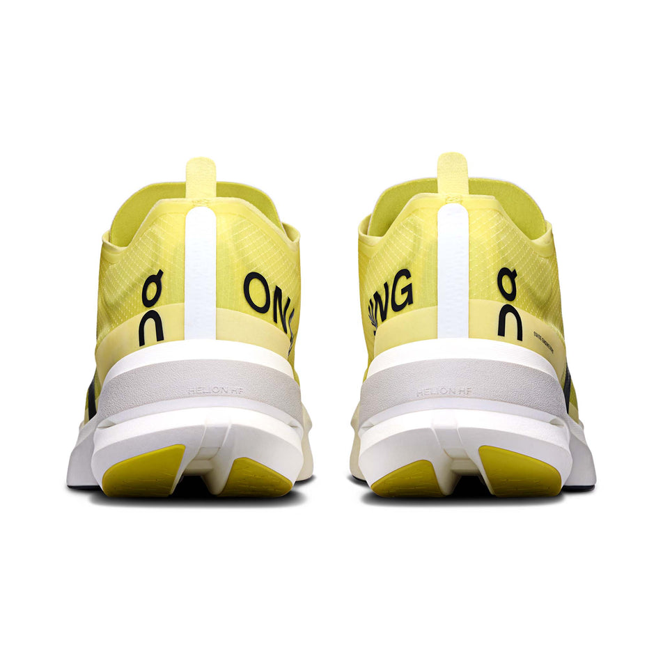 The back of a pair of On Men's Cloudboom Strike Running Shoes in the Limelight/Wolf colourway. (8577818132642)