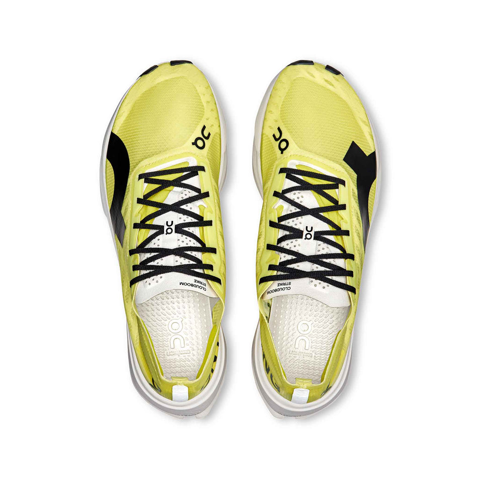 The uppers on a pair of On Men's Cloudboom Strike Running Shoes in the Limelight/Wolf colourway. (8577818132642)
