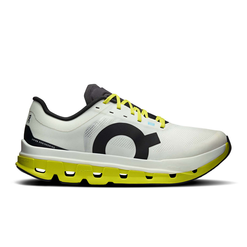 Lateral view of the right shoe from a pair of On Men's Cloudflow 5 Running Shoes in the White/Lime colourway. (8714974494882)