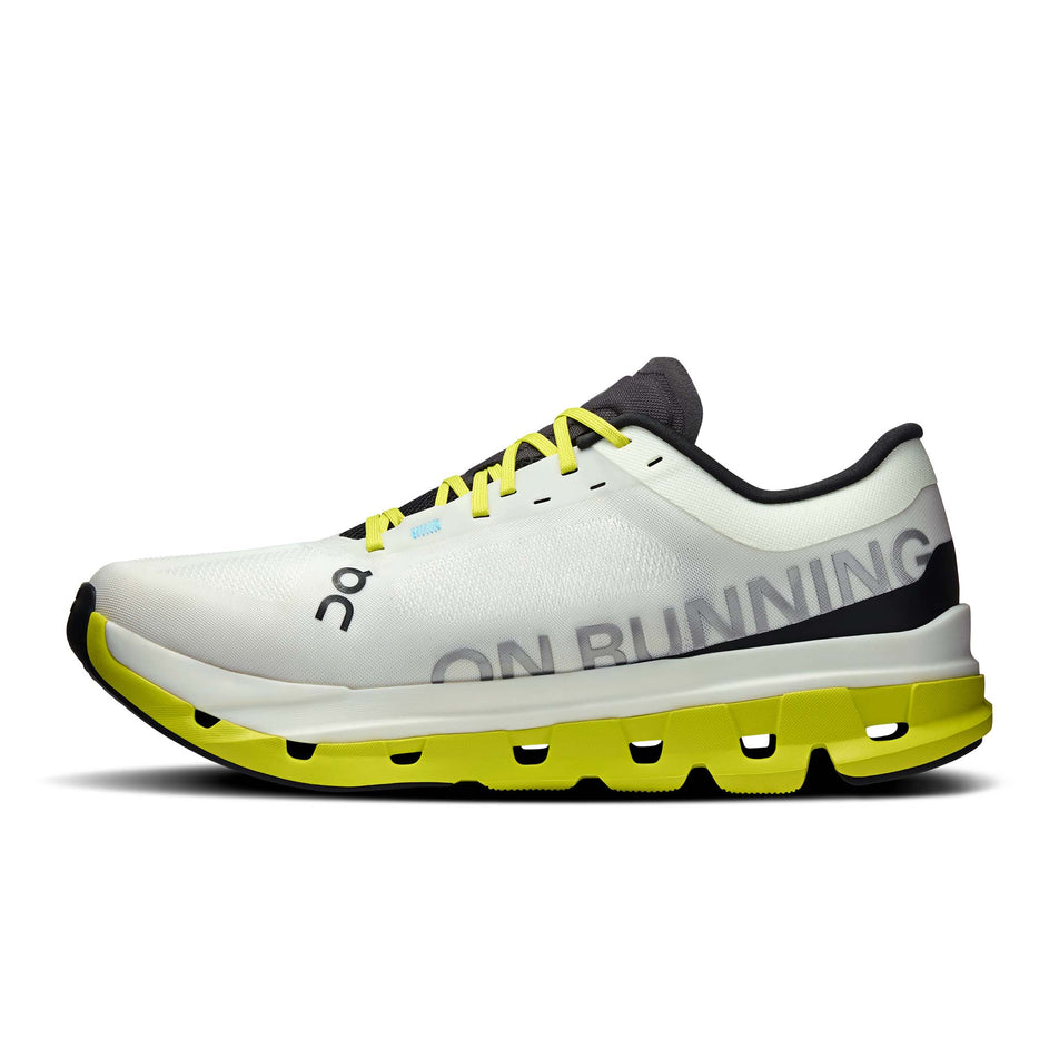 Medial view of the right shoe from a pair of On Men's Cloudflow 5 Running Shoes in the White/Lime colourway. (8714974494882)