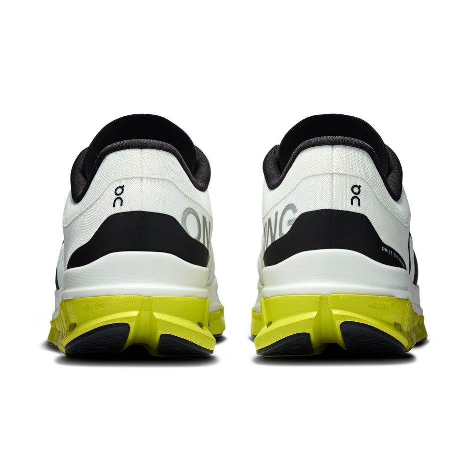 The back of a pair of On Men's Cloudflow 5 Running Shoes in the White/Lime colourway. (8714974494882)