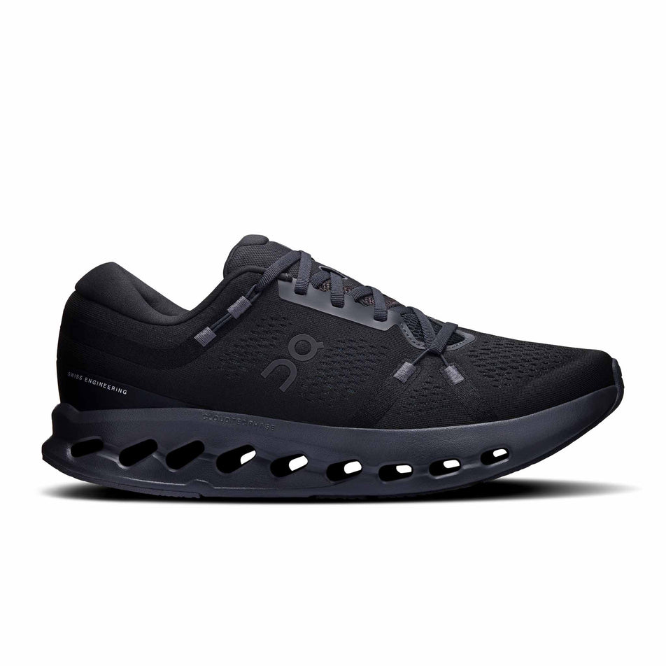 Lateral view of the right shoe from a pair of On Men's Cloudsurfer 2 Running Shoes in the Black/Black colourway. (8577823441058)