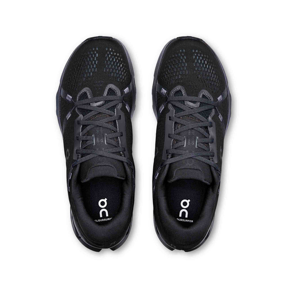 The uppers on a pair of On Men's Cloudsurfer 2 Running Shoes in the Black/Black colourway. (8577823441058)
