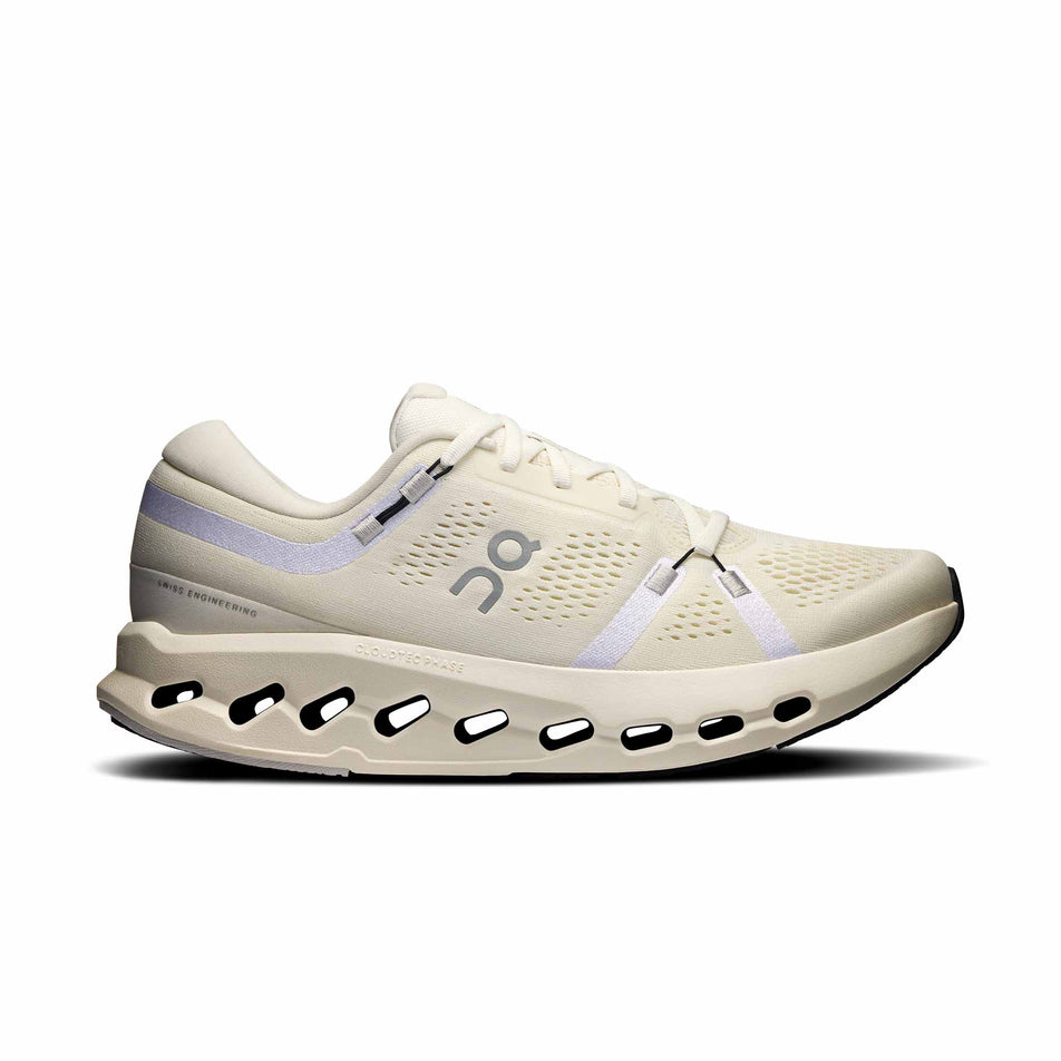 Lateral view of the right shoe from a pair of On Men's Cloudsurfer 2 Running Shoes in the Ivory/Ivory colourway. (8577826095266)