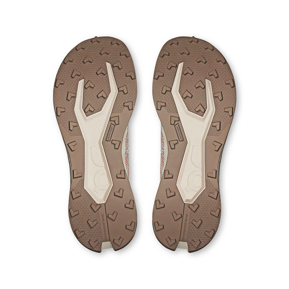 The outsoles of a pair of On Men's Cloudultra 3 Running Shoes in the Cinder/Pearl colourway. (8714511515810)