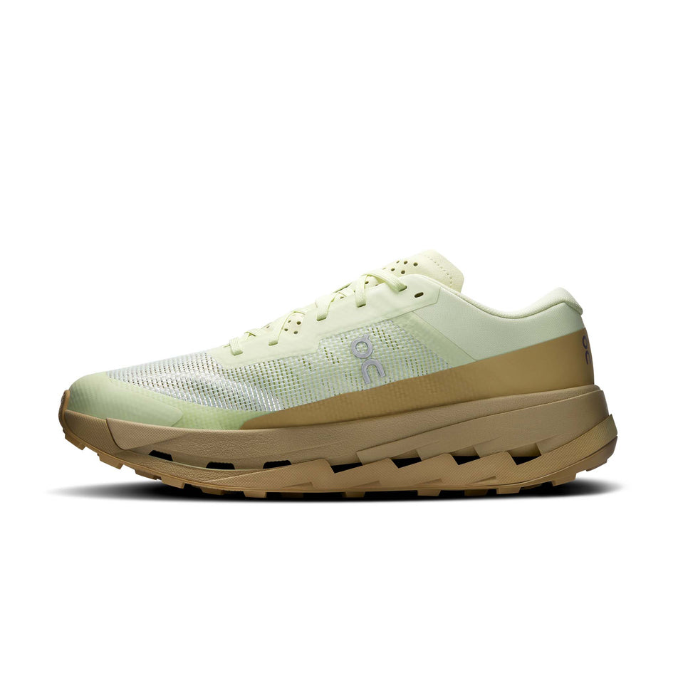 Medial view of the right shoe from a pair of On Men's Cloudultra 3 Running Shoes in the Linen/Safari colourway.