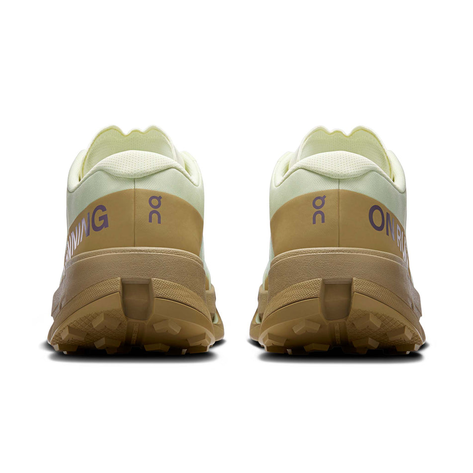 The back of a pair of On Men's Cloudultra 3 Running Shoes in the Linen/Safari colourway.
