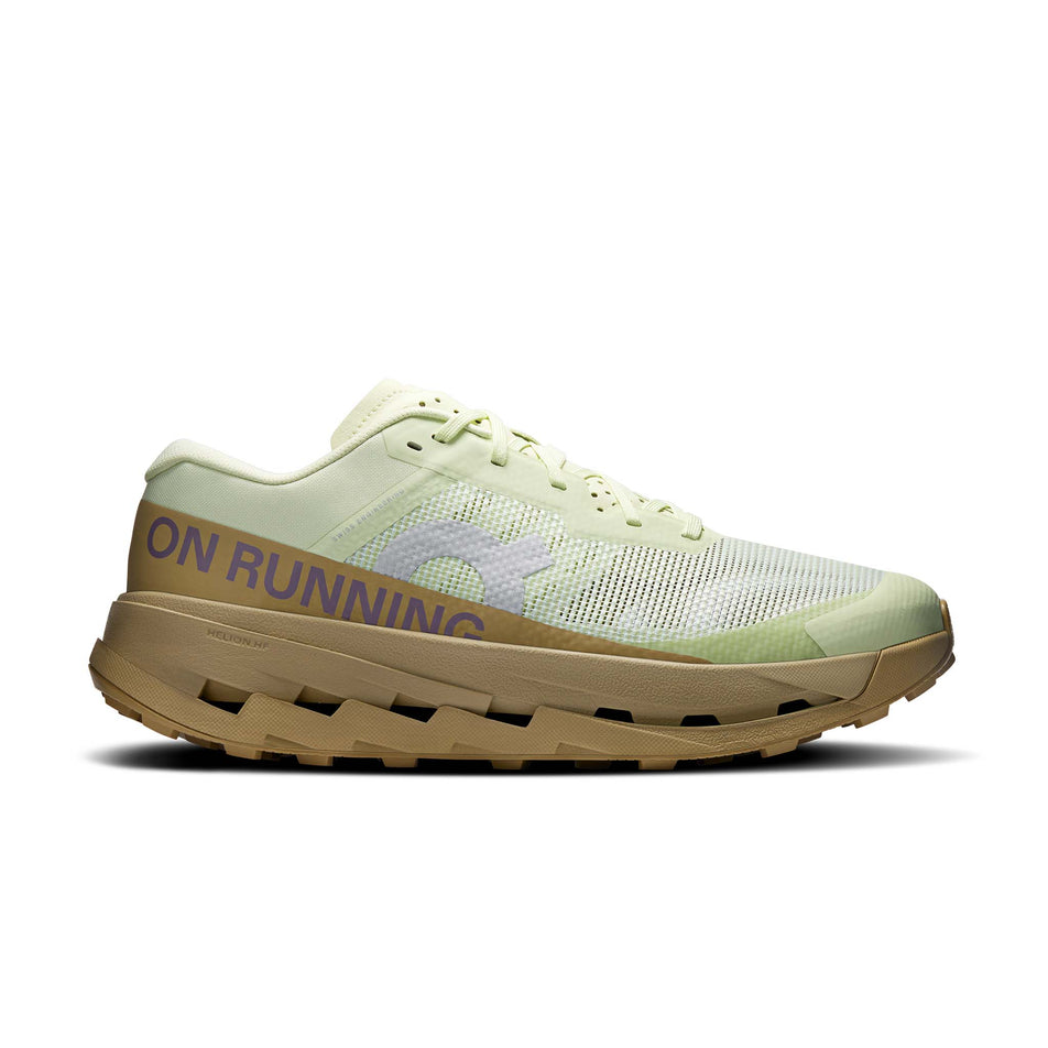 Lateral view of the right shoe from a pair of On Men's Cloudultra 3 Running Shoes in the Linen/Safari colourway.