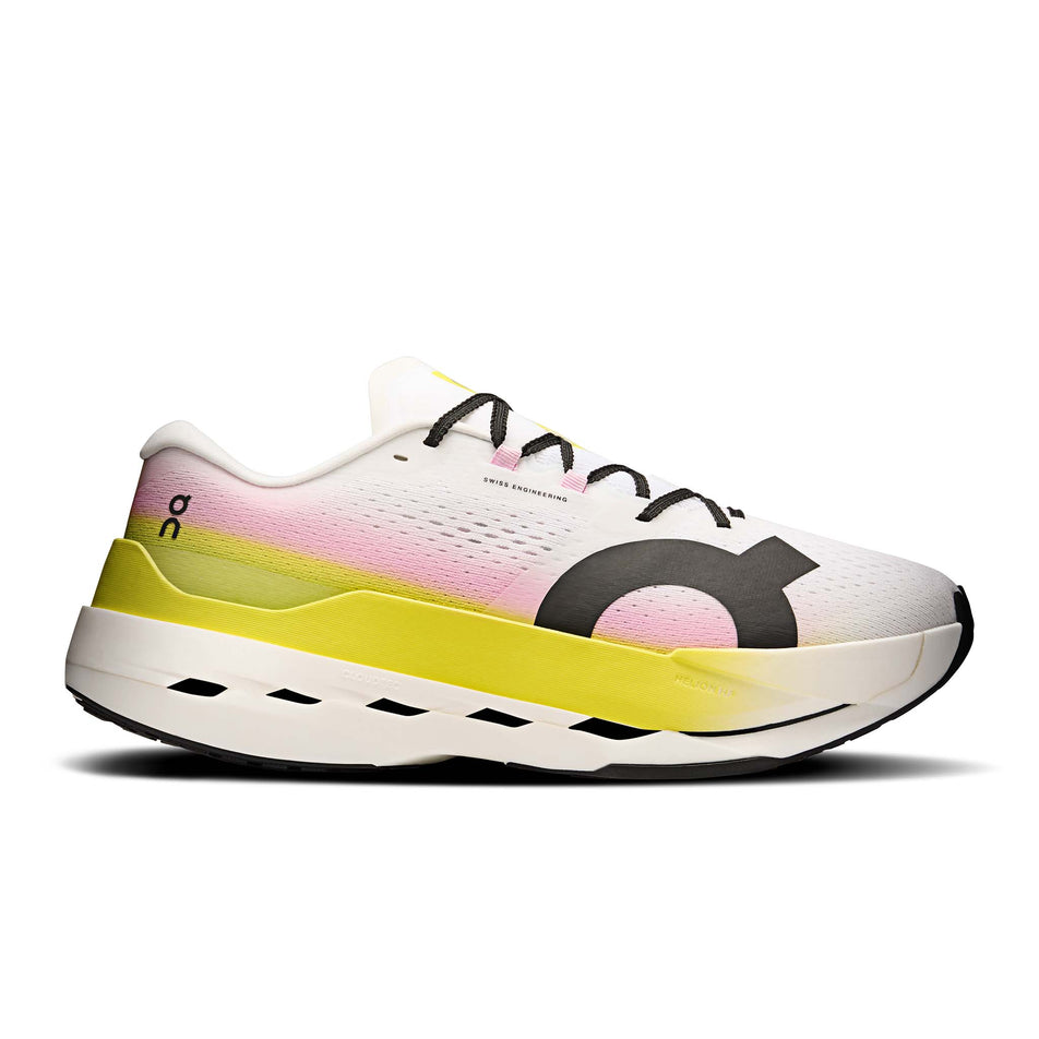Lateral view of the right shoe from a pair of On Men's Cloudboom Max Running Shoes in the Lime/Raspberry colourway. (8746021683362)