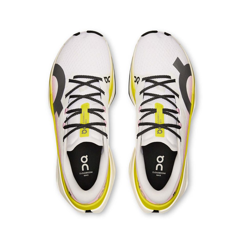 The uppers of a pair of On Men's Cloudboom Max Running Shoes in the Lime/Raspberry colourway. (8746021683362)
