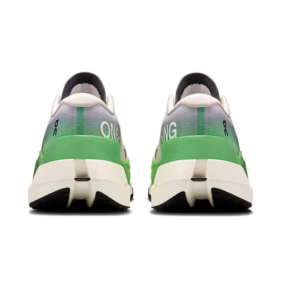 The back of a pair of On Men's Cloudboom Max Running Shoes in the Honeydrew/Lilac colourway. (8714482647202)