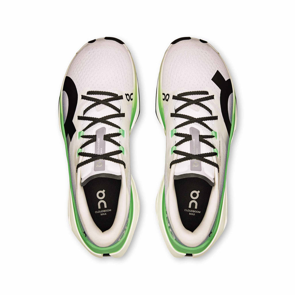 The uppers of a pair of On Men's Cloudboom Max Running Shoes in the Honeydrew/Lilac colourway. (8714482647202)