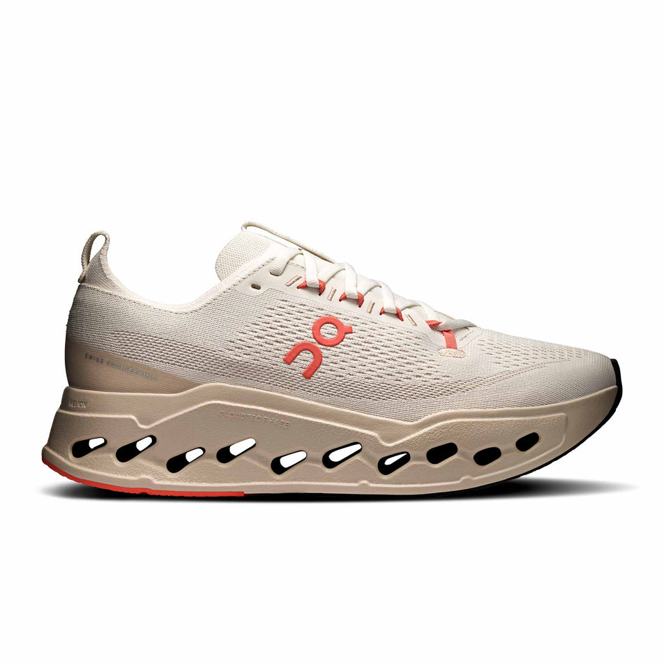 Lateral view of the right shoe from a pair of On Men's Cloudsurfer Max Running Shoes in the Ivory/Salmon colourway. (8714501882018)