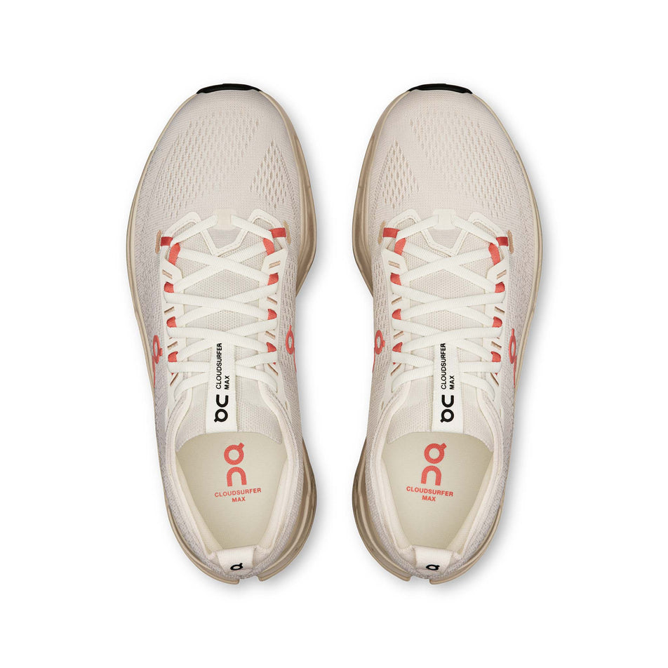 The uppers of a pair of On Men's Cloudsurfer Max Running Shoes in the Ivory/Salmon colourway. (8714501882018)
