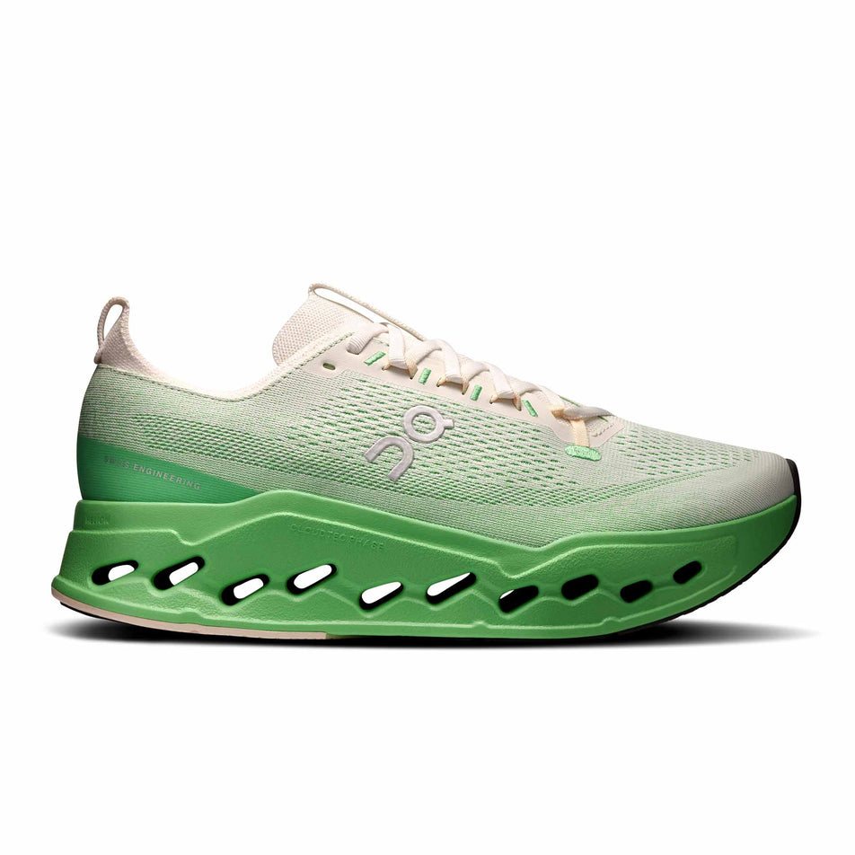 Lateral view of the right shoe from a pair of On Men's Cloudsurfer Max Running Shoes in the Ivory/Honeydew colourway. (8714490314914)