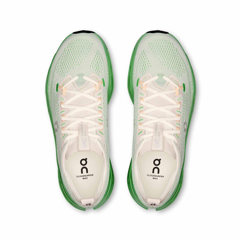 The uppers of a pair of On Men's Cloudsurfer Max Running Shoes in the Ivory/Honeydew colourway. (8714490314914)