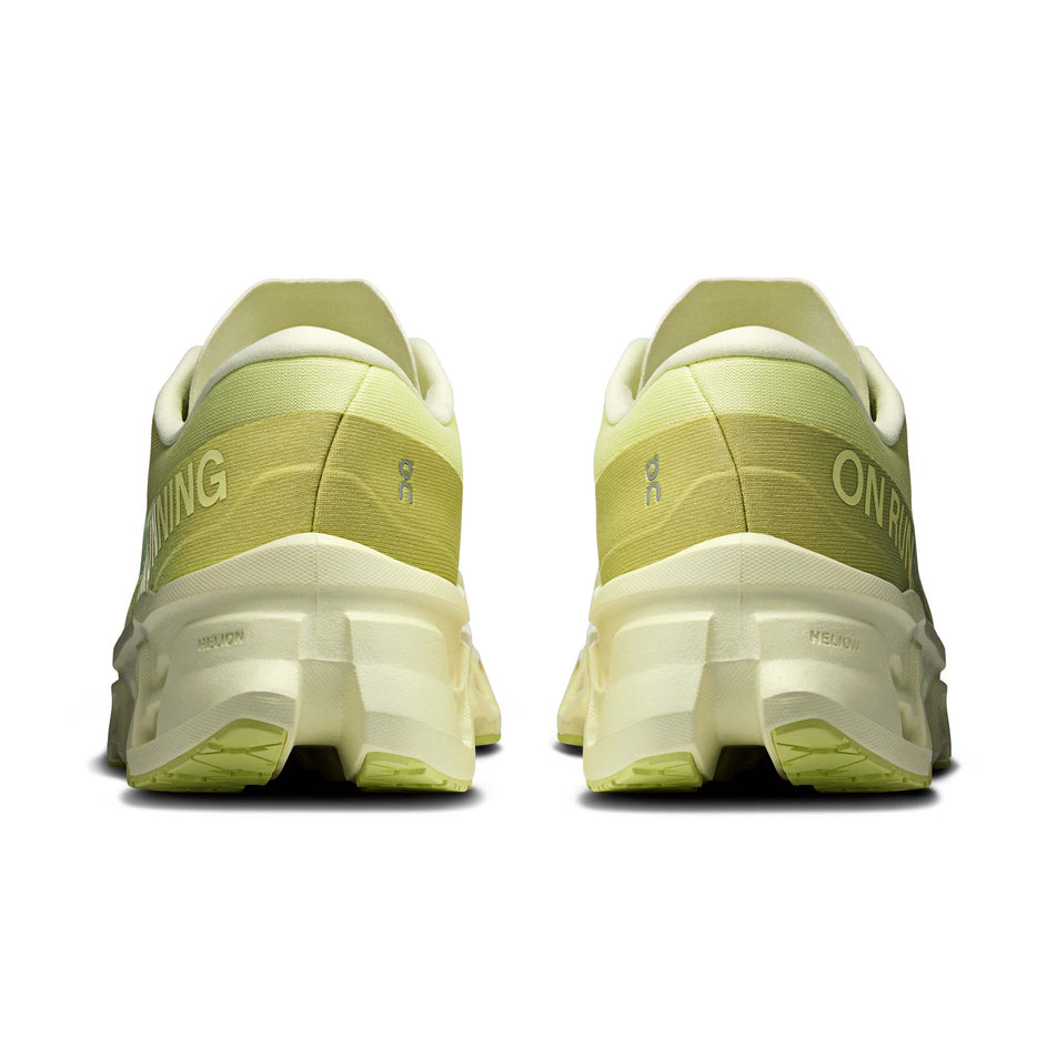 The back of a pair of On Men's Cloudmonster 3 Running Shoes in the Limelight/Seedling colourway.