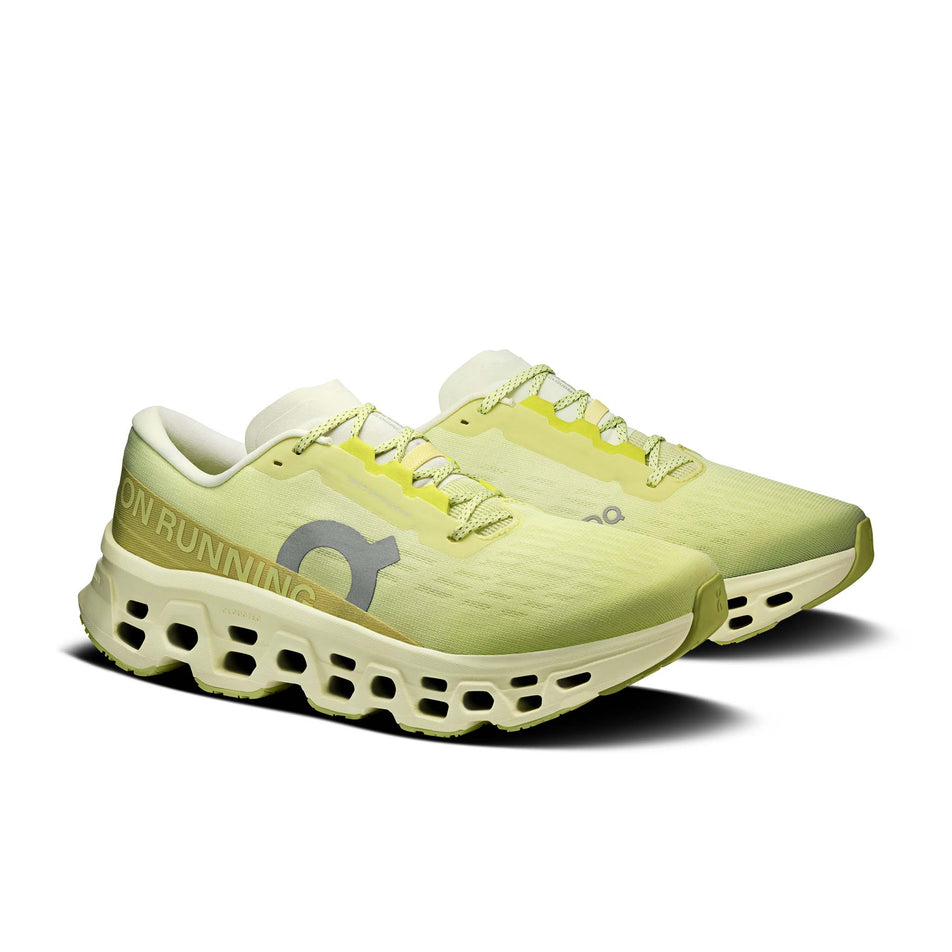 A pair of On Men's Cloudmonster 3 Running Shoes in the Limelight/Seedling colourway.