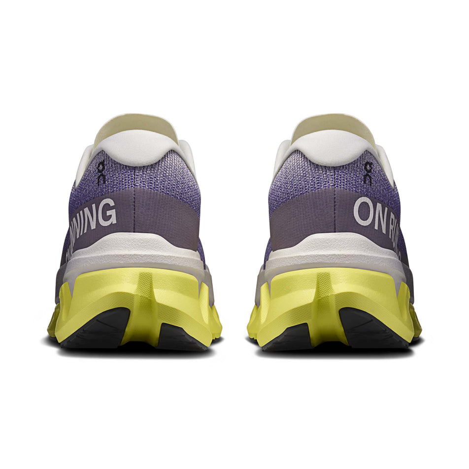 The back of a pair of On Men's Cloudmonster 3 Hyper Running Shoes in the Lily/Limelight colourway.