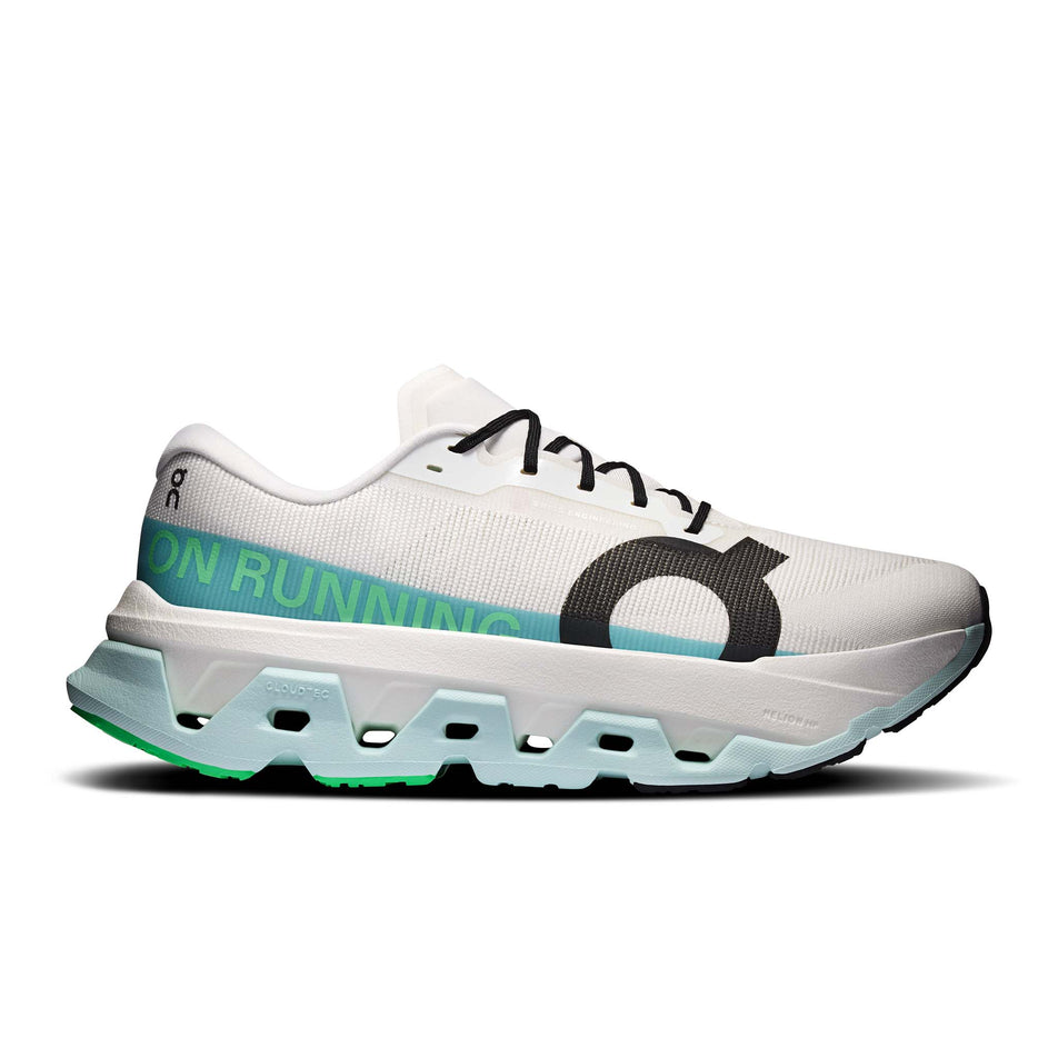 Lateral view of the right shoe from a pair of On Men's Cloudmonster 3 Hyper Running Shoes in the Ivory/Flurry colourway.