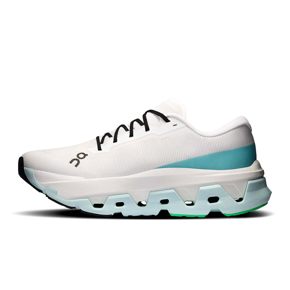 Medial view of the right shoe from a pair of On Men's Cloudmonster 3 Hyper Running Shoes in the Ivory/Flurry colourway.