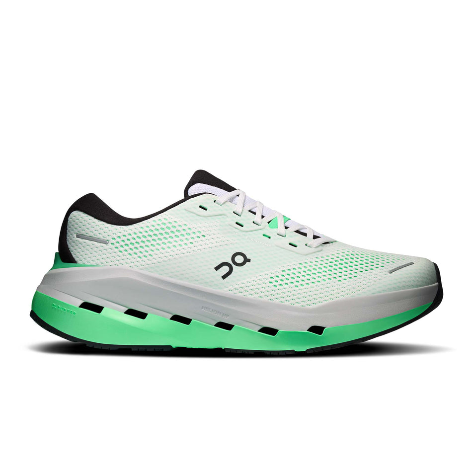 Lateral view of the right shoe from a pair of On Men's Cloudrunner Max Running Shoes in the White/Verdite colourway.