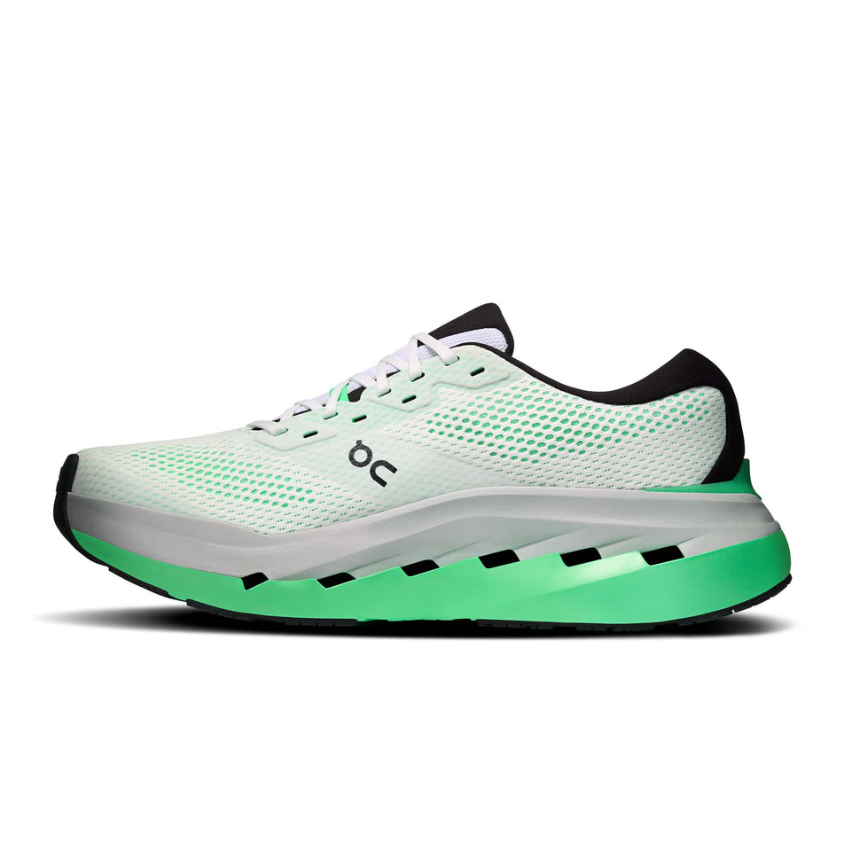 Medial view of the right shoe from a pair of On Men's Cloudrunner Max Running Shoes in the White/Verdite colourway.