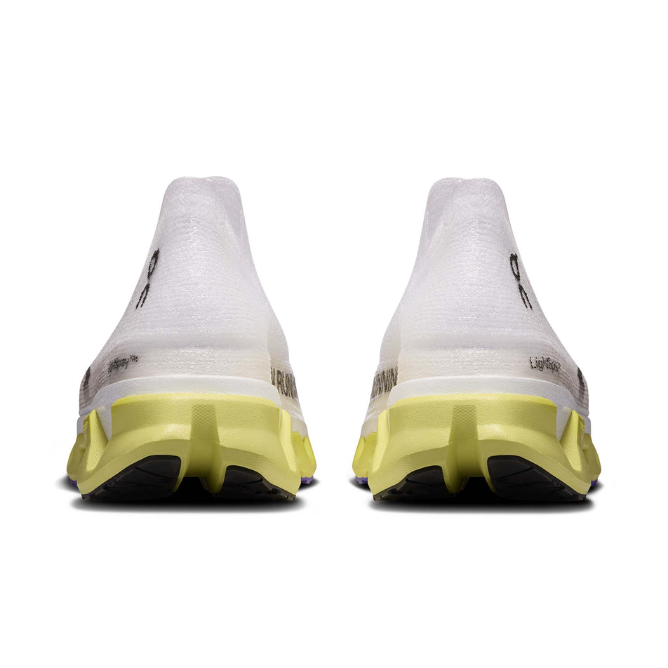 The back of a pair of On Unisex Cloudmonster 3 Hyper LS Running Shoes in the Limelight/Bloom colourway.
