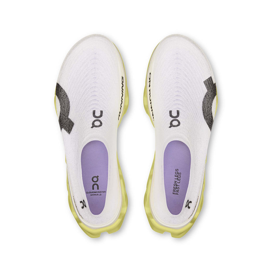The uppers of a pair of On Unisex Cloudmonster 3 Hyper LS Running Shoes in the Limelight/Bloom colourway.