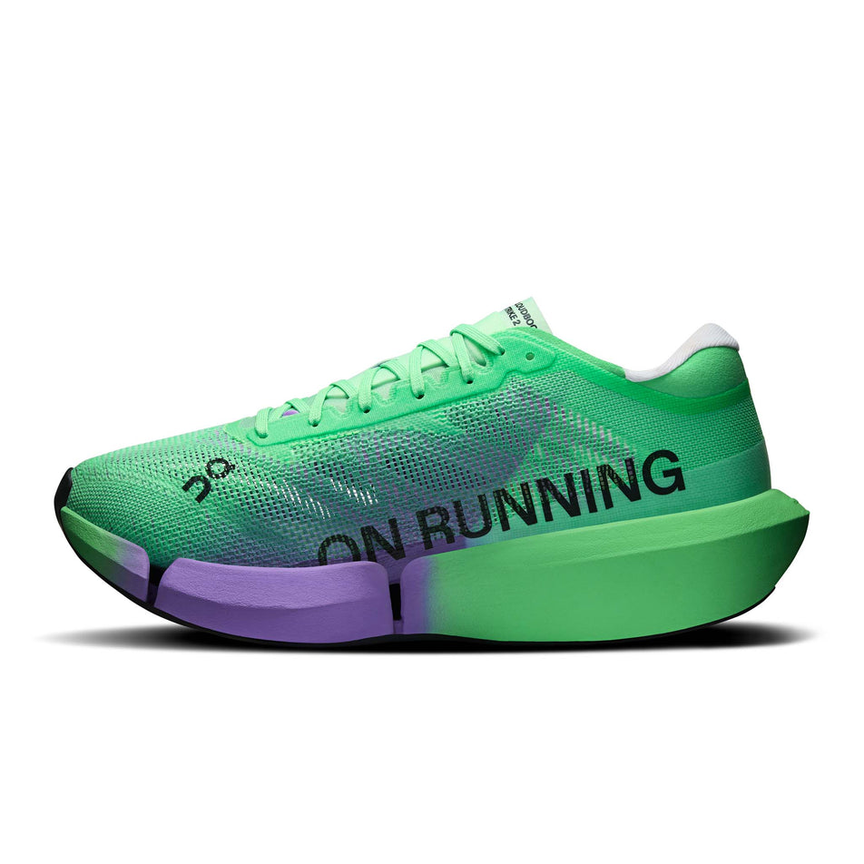 Medial view of the right shoe from a pair of On Unisex Cloudboom Strike 2 Running Shoes in the Verdite/Aconite colourway.