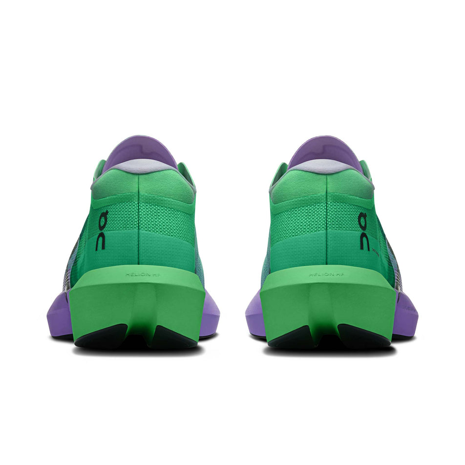 The back of a pair of On Unisex Cloudboom Strike 2 Running Shoes in the Verdite/Aconite colourway.