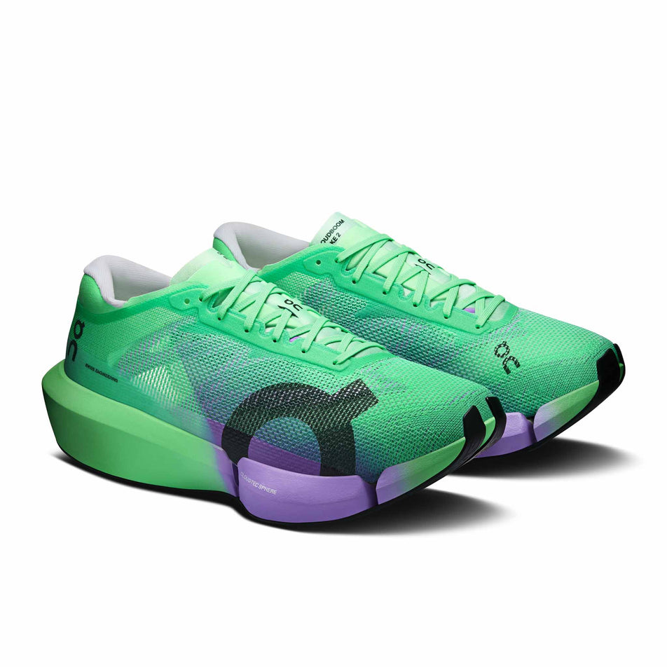 A pair of On Unisex Cloudboom Strike 2 Running Shoes in the Verdite/Aconite colourway.